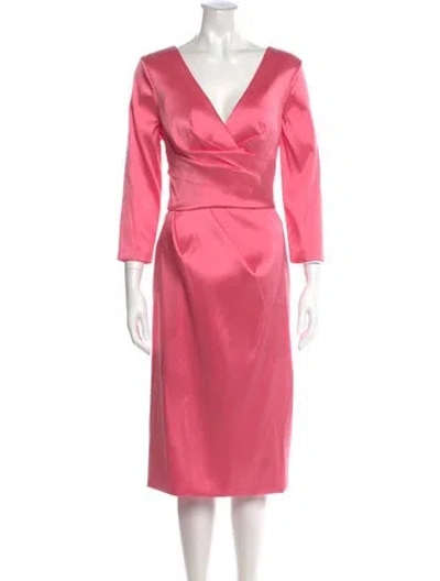 Pre-owned Theia V-neck Midi Length Dress In Pink