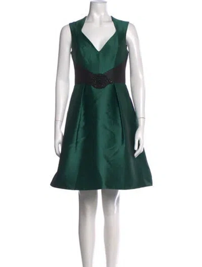 Pre-owned Theia V-neck Mini Dress In Green