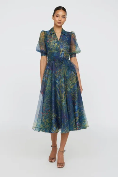 Theia Winnie Puff Sleeve Shirt Dress In Green