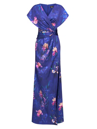 Theia Angelina Floral Print Faux Wrap Gown In Moonlit Iris