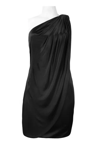 Theia Women's Asymmetric Shoulder Waist Detail Jersey Satin Draped Dress In Black