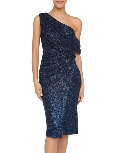 Theia Briella One-shoulder Faux Wrap Midi Dress In Blue