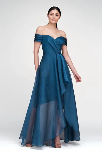 Theia Women's Cecilia High Low Off The Shoulder Gown In Night Swan In Blue