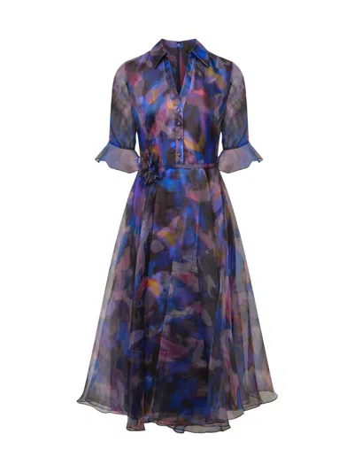 Theia Colette Abstract-print Organza Midi Shirtdress In Multi