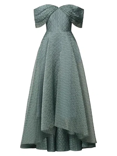 Theia Elysia Off-shoulder Floral Jacquard Gown In Green