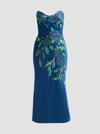 Theia Emmeline Embroidered Strapless Midi Dress In Blue