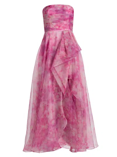 Theia Fahreta Strapless Floral-print Organza Gown In Pink