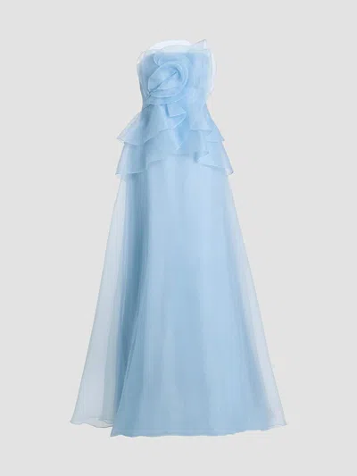 Theia Gilda Draped Rose Strapless Organza Gown In Blue