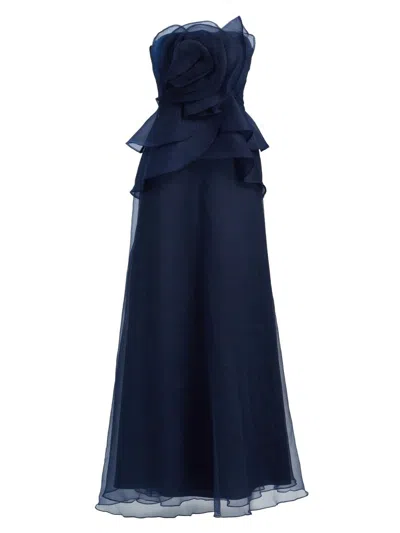 Theia Gilda Draped Rose Strapless Organza Gown In Blue