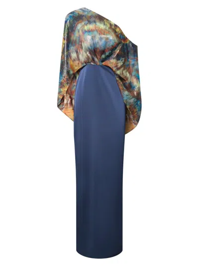 Theia Gisette One Shoulder Cape Gown In Blue