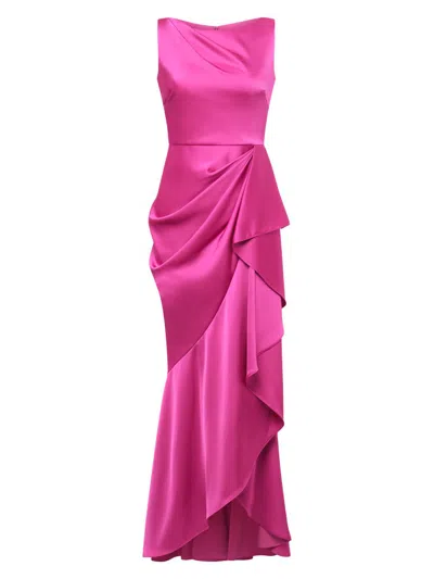 Theia Harper Draped Wrap Bateau Neck Satin Faux Wrap Gown In Pink