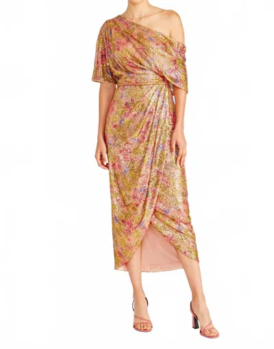 Theia Jade Draped High Low Gown In Brown