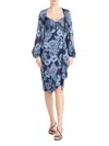Theia Joslyn Floral-print Blouson-sleeve Midi Dress In Nautical Navy