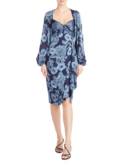 Theia Joslyn Floral-print Blouson-sleeve Midi Dress In Navy