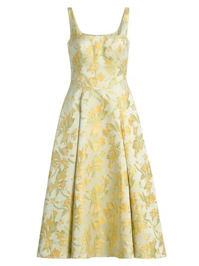 Theia Julie Basque-waist Pleated Jacquard Midi Dress In Yellow