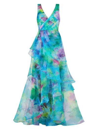 Theia Women's Karen Watercolor Floral Organza Gown In Blue