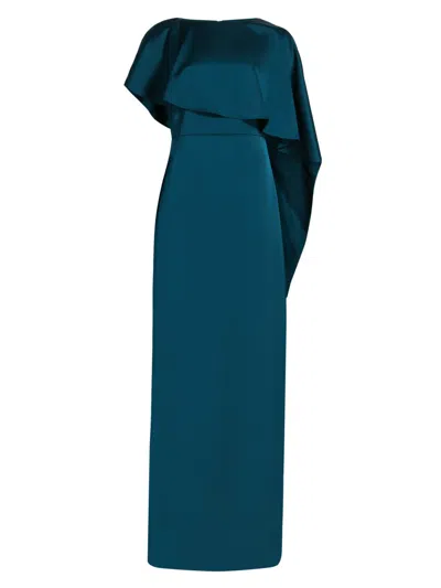 Theia Karis Cape Column Gown In Teal In Blue