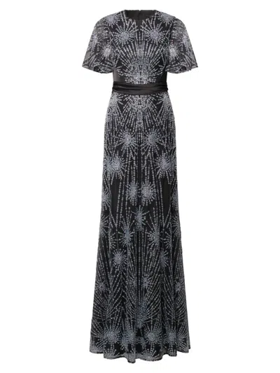 Theia Lavina Short-sleeve Beaded Mesh Gown In Blue