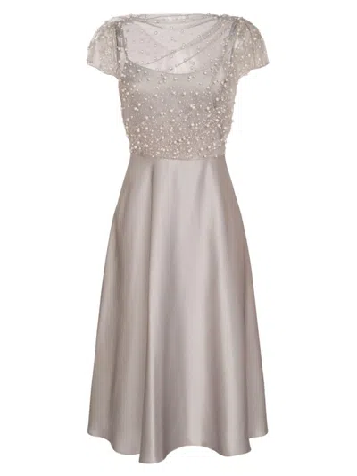 Theia Women's Lori Glimmer Imitation-pearl-embellished Satin Dress In Silvershade
