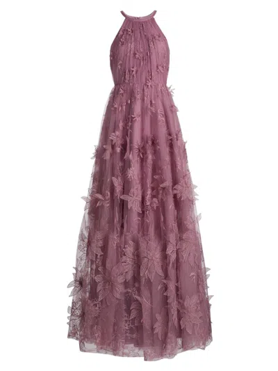 Theia Floral-embroidered Halter Tulle Gown In Pink