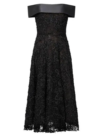 Theia Roxy Off Shoulder A Line Floral Lurex Midi Dress In Black