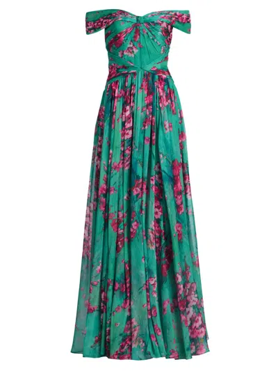 Theia Sabina Chiffon Off-shoulder Gown In Green
