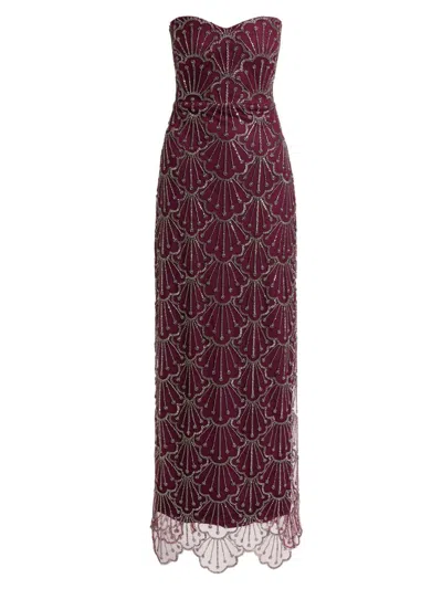 Theia Tessa Strapless Beaded Sweetheart Neckline Mesh Column Gown In Burgundy