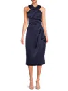 Theia Tierra Pleated Crossover Satin Midi Dress In Blue