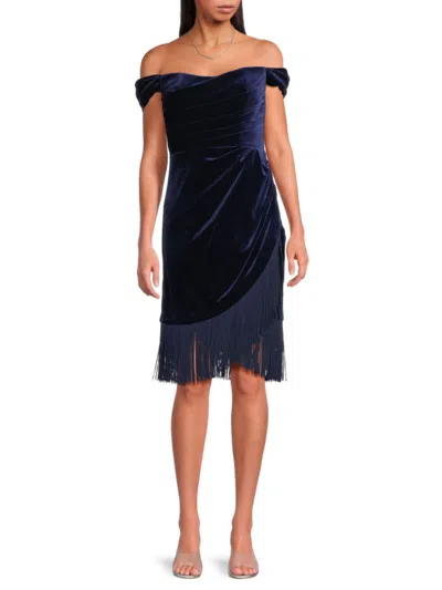 Theia Women's Velvet Off-the-shoulder Fringe Dress In Blue