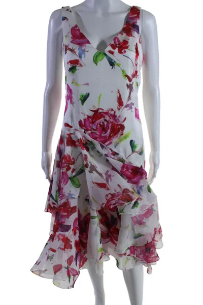 Theia Womens Back Zip Sleeveless V Neck Printed Tiered Dress White Multi
