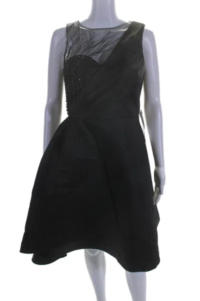 Theia Womens Beaded Detail Sleeveless Faux Wrap A Line Dress Black