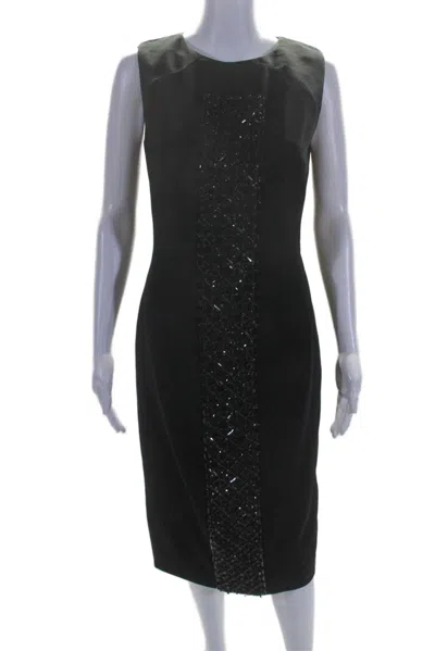 Theia Womens Jeweled Beaded Front Panel Sleeveless Sheath Dress Black