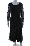 Theia Womens Navy Floral Detail Beaded Crew Neck Long Sleeve Shift Dress In Blue