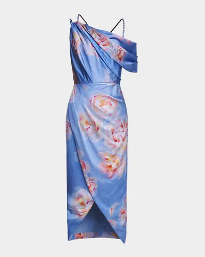 Theia Yannah Ruched High-low Midi Dress In Pearl Roses