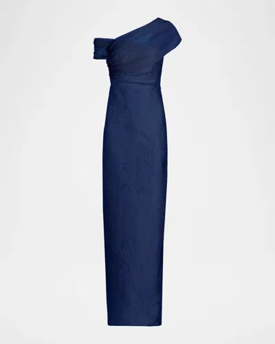 Theia Zara One-shoulder Metallic Jacquard Column Gown In Blue