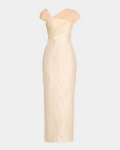 Theia Zara One-shoulder Metallic Jacquard Column Gown In Neutral