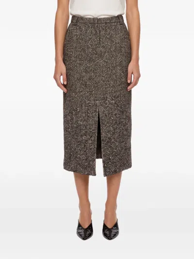 Thelaurent Herringbone Front-slit Midi Skirt In Brown