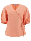 Theloom Puff-sleeve Wrap-design Blouse In Pink