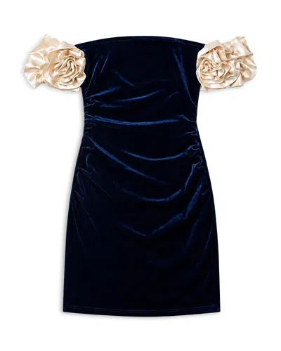 Theme Girls' Montgomery Rosette Off-the-shoulder Velour Dress - Big Kid In Blue