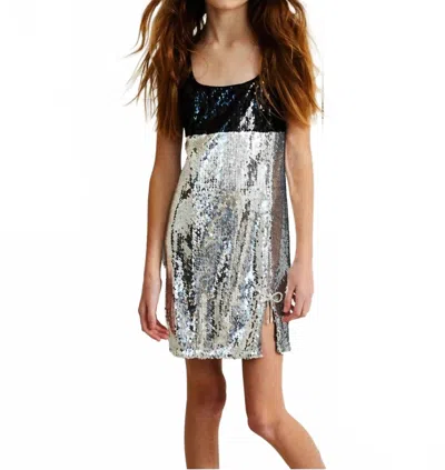 Theme Kids' Nelly Sequin Dress With Bow In Silver & Black