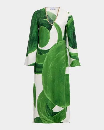 Themis Z Artemis Embellished Abstract-print Midi Dress In Two Tone Green