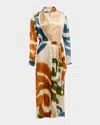 Themis Z Ellie Abstract-print Silk Midi Shirtdress In Camel Blue Green