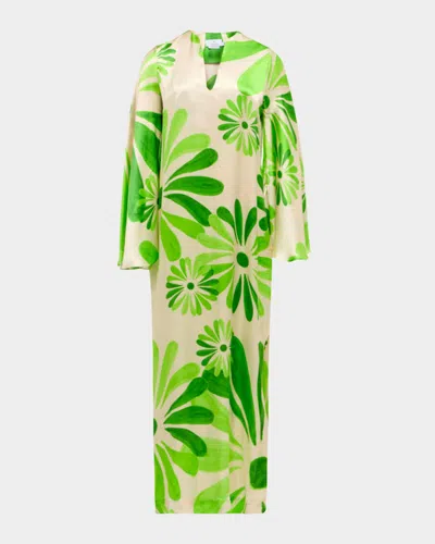 Themis Z Flora Printed Side-slit Maxi Caftan In Green On Beige