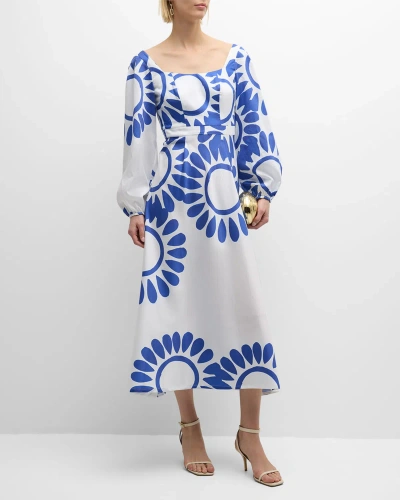 Themis Z Ino Floral-print Blouson-sleeve Midi Dress In Blue On White