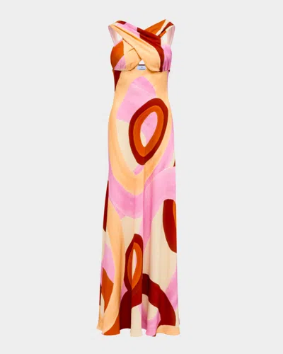 Themis Z Terra Geometric-print Crossover Silk Maxi Dress In Yellow Pink Brown