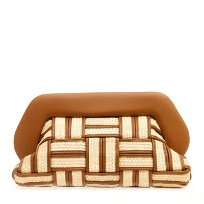 Themoirè Large Raffia Clutch In Leather And Caramel In Brown