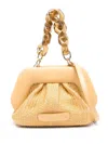 THEMOIRÈ LIGHT BEIGE WOVEN STRAW CLUTCH HANDBAG WITH LOGO PATCH AND CHAIN HANDLES