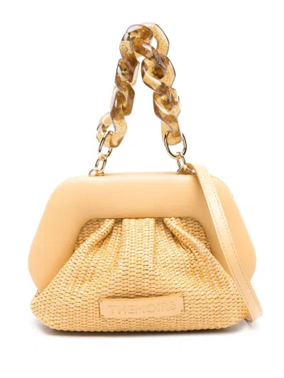 Themoirè Light Beige Woven Straw Clutch Handbag With Logo Patch And Chain Handles In Yellow