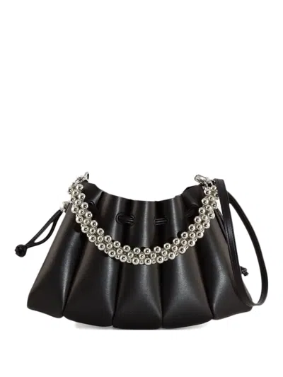 Themoirè Beaded-handle Pleated Shoulder Bag In Black