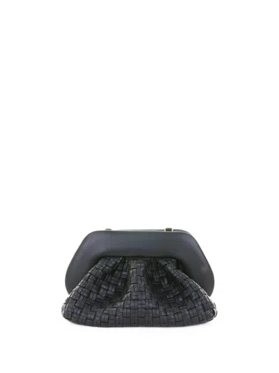 Themoirè Tia Black Clutch Bag With Woven Straw Motif And Shoulder Strap